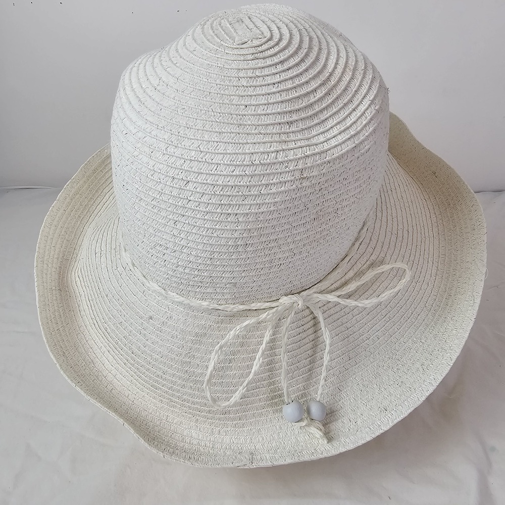 August Hat Company Womens Hat White 100% Paper Bow Beaded Beach Packable Cruise